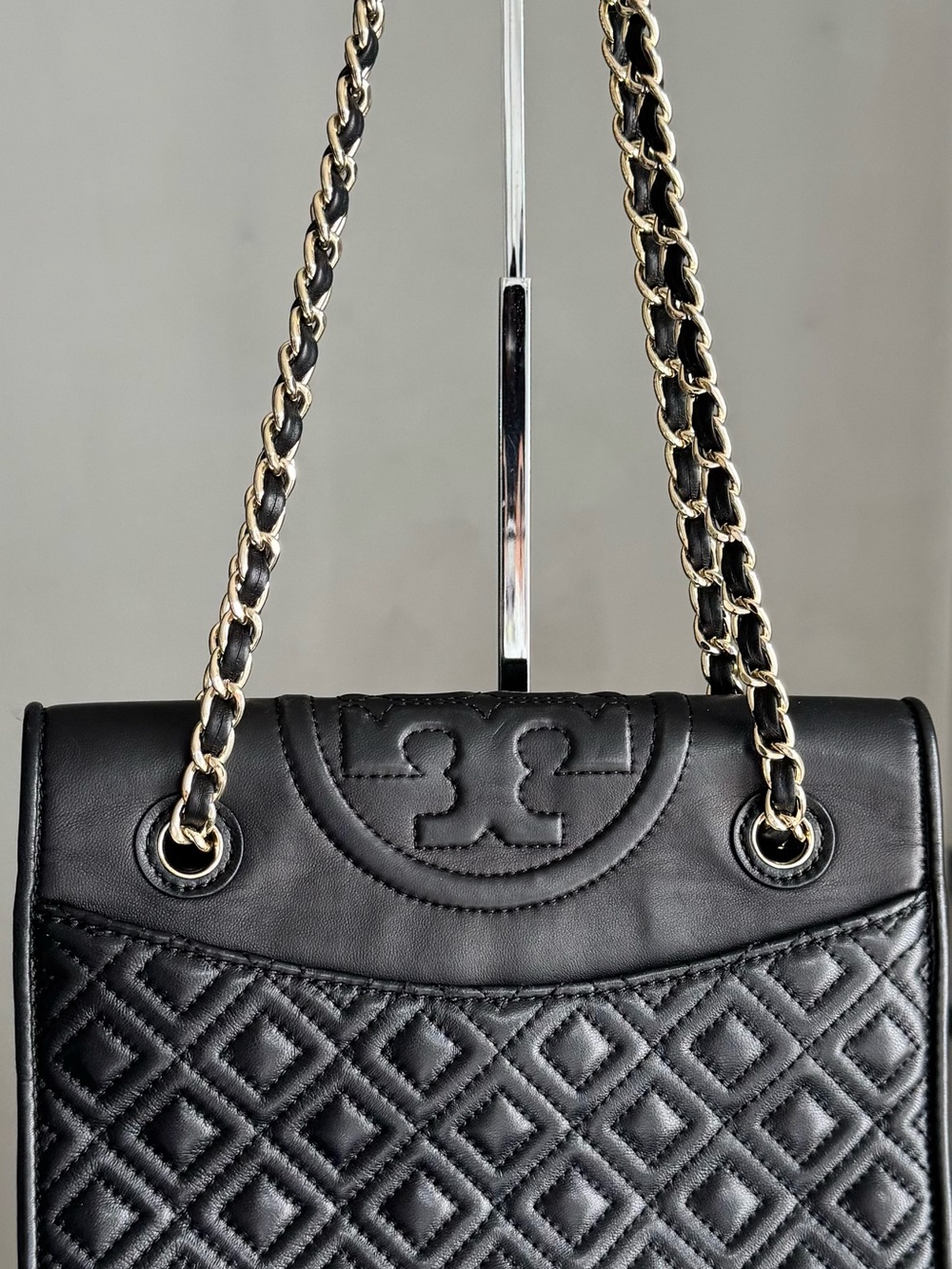 Tory Burch Black Quilted Leather Shoulder Bag with Gold Chain